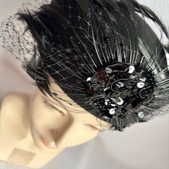 Black Wool Felt Hat iwth Big Feathers, Sequins, Netting - Picture 7 of 10